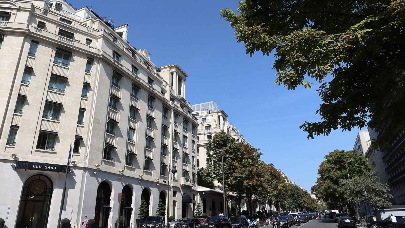 Luxury hotel façade on Avenue George V in Paris