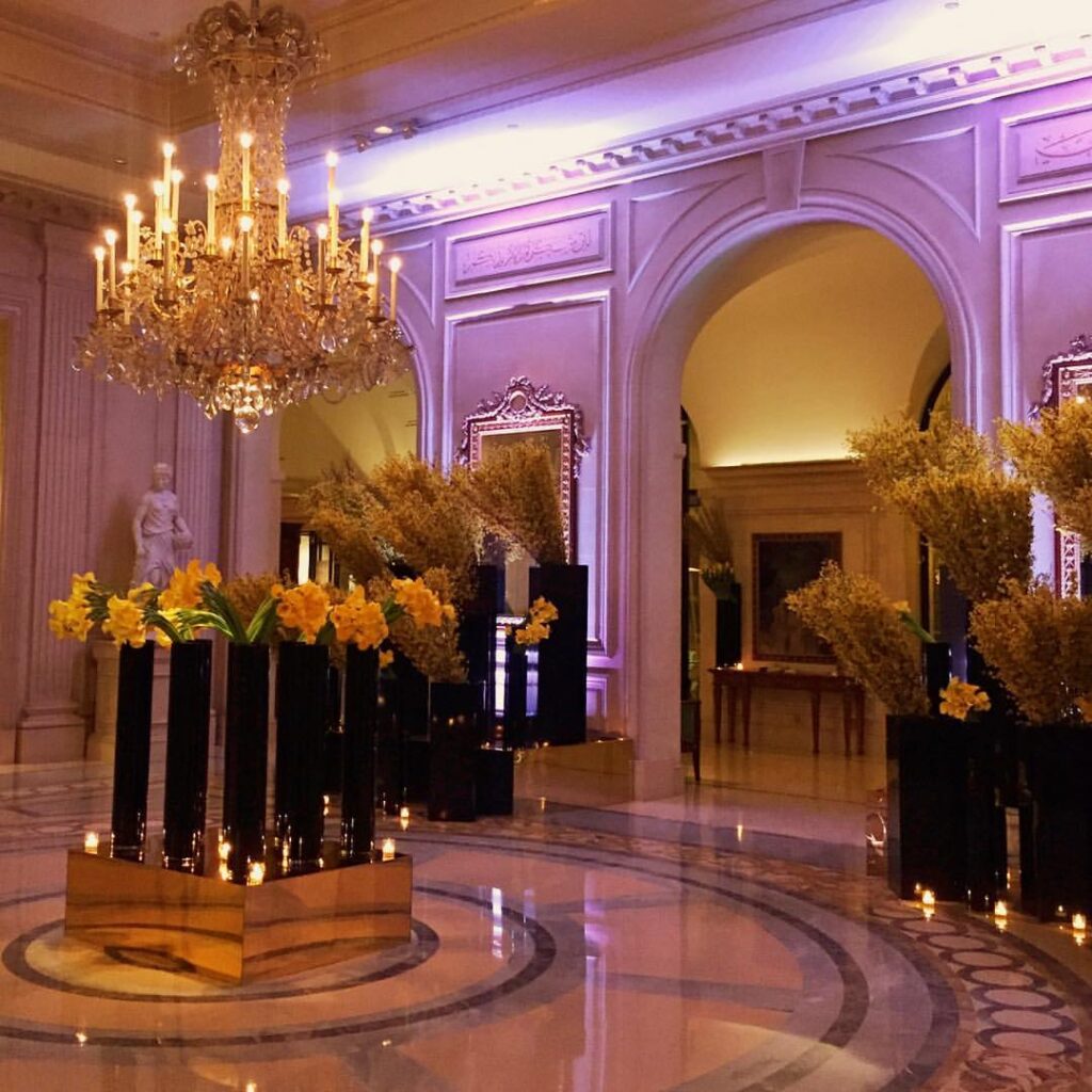 Vibrant floral installation at Four Seasons Hotel George V Paris