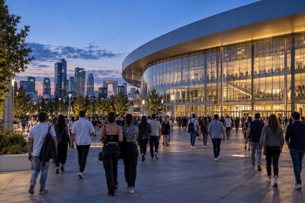 Concertgoers arriving at a modern arena district near La Défense — editorial illustration