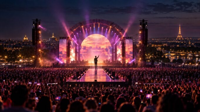 Paris concert night — editorial illustration Illustrative Paris concert night scene for the Harry Styles Paris 2027 travel guide