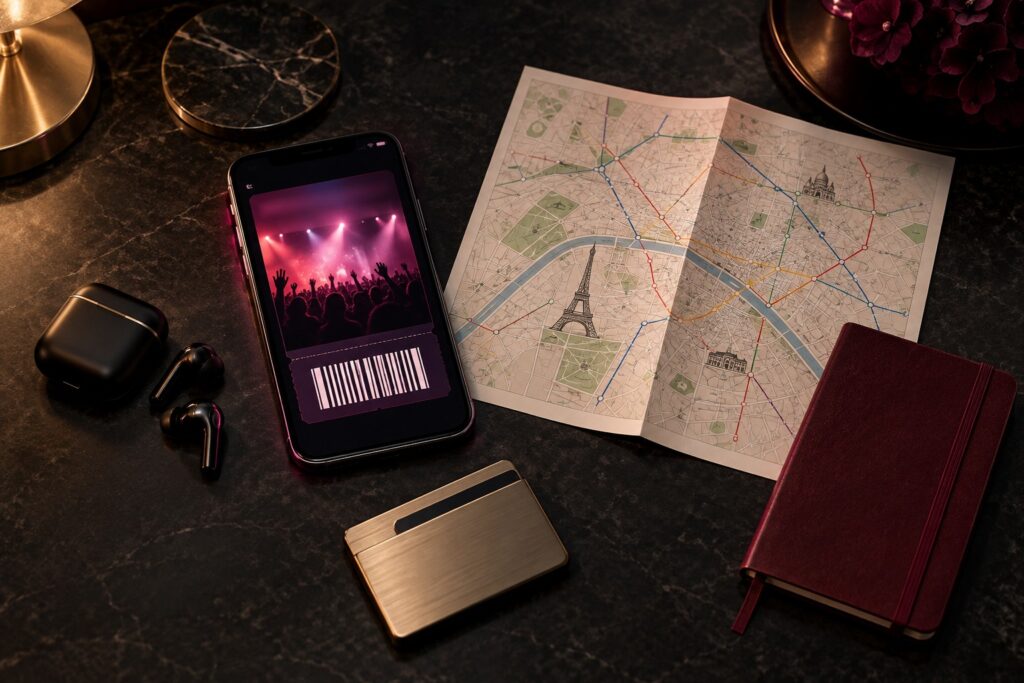 Paris concert ticket and transport planning — editorial illustration
