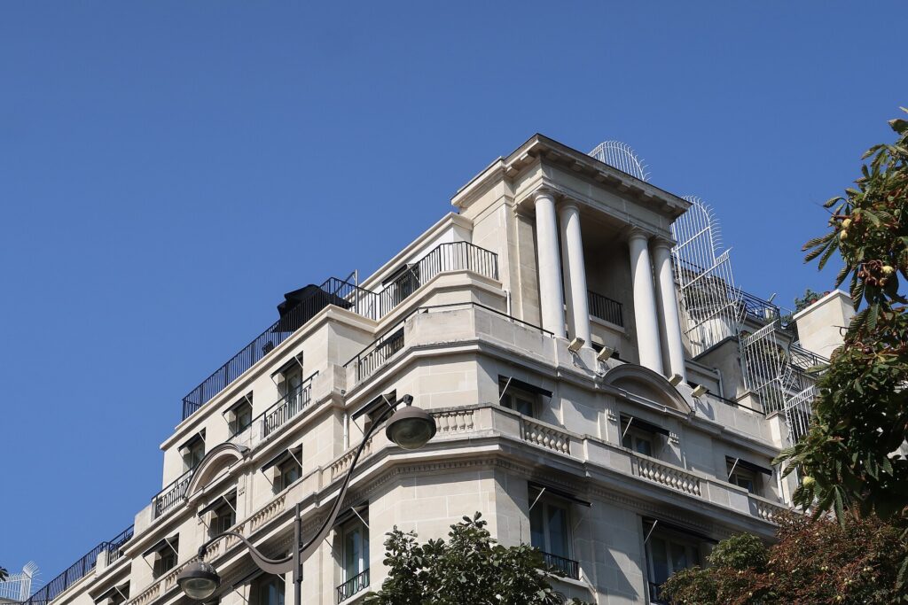 Art Deco stone façade detail of Hôtel George V Paris