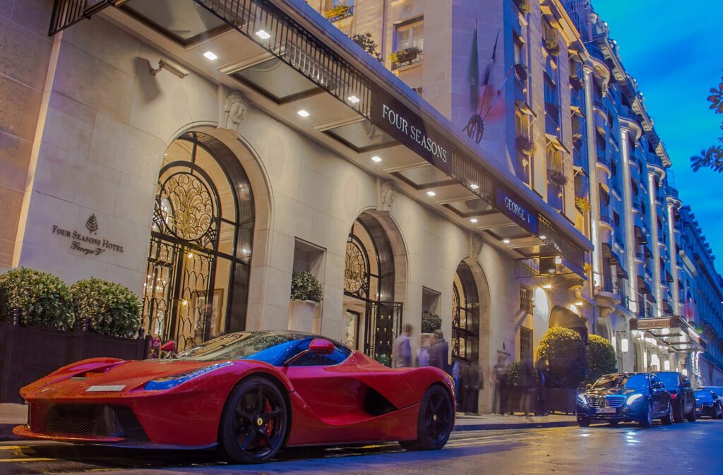 Street-level arrival at Four Seasons Hotel George V Paris