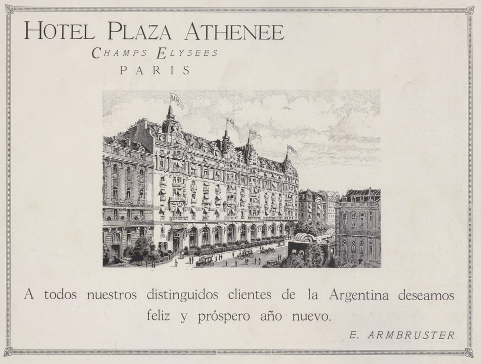 Historic 1923 advertisement for Hôtel Plaza Athénée in Paris