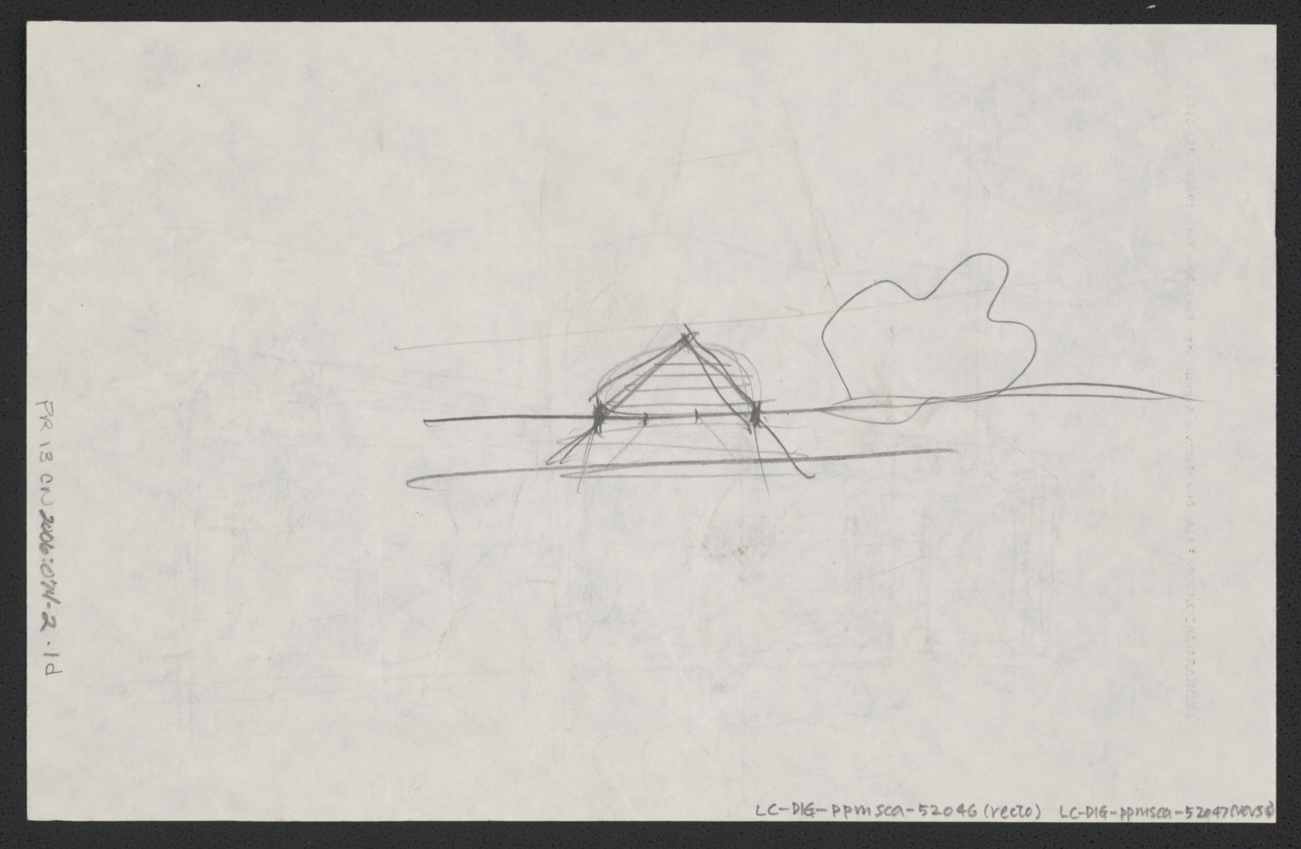 I. M. Pei’s 1983 hand-drawn outline of the Louvre Pyramid on the reverse of his site study