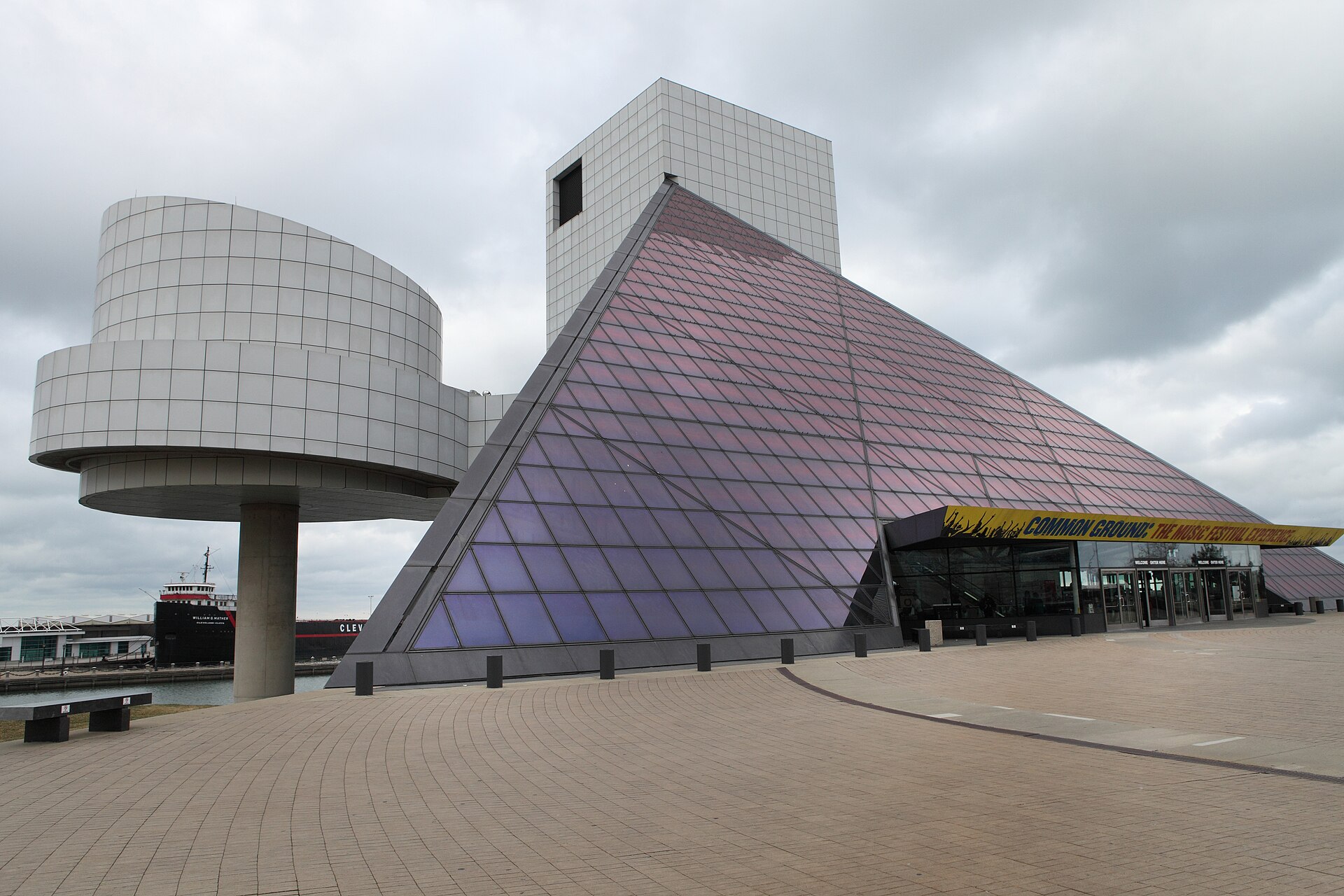 Glass pyramid and converging volumes of the Rock and Roll Hall of Fame in Cleveland, designed by I. M. Pei