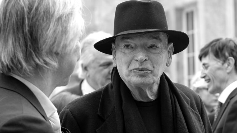 French architect Jean Nouvel in a horizontal monochrome portrait photographed in 2019