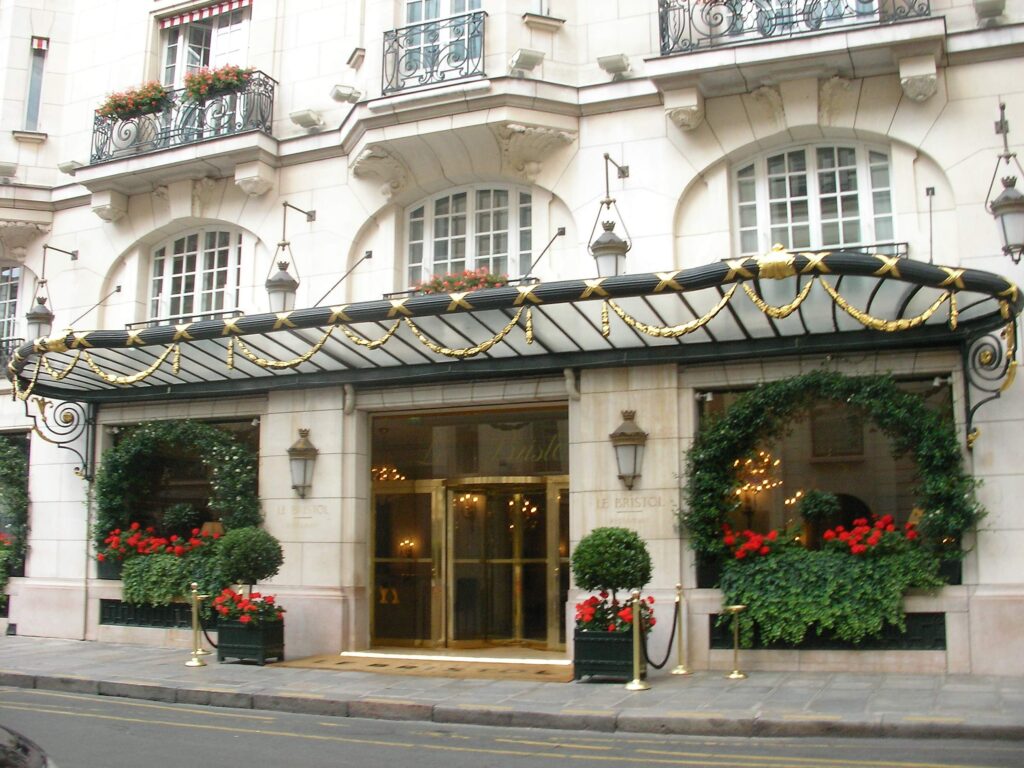 Le Bristol Paris stone facade and entrance on rue du Faubourg Saint-Honoré