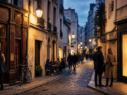 Le Marais: The Old Paris Where History, Fashion and the Elite Still Meet Atmospheric old street in Le Marais at twilight with historic façades, café tables, fashion boutiques and Parisian pedestrians