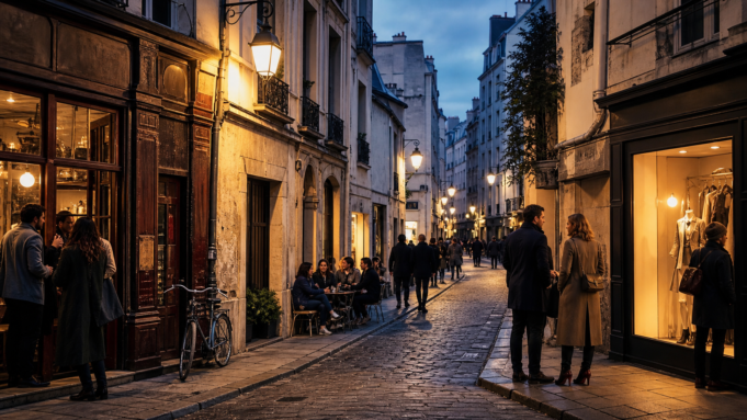 Le Marais Paris at twilight: history, fashion and café life Atmospheric old street in Le Marais at twilight with historic façades, café tables, fashion boutiques and Parisian pedestrians