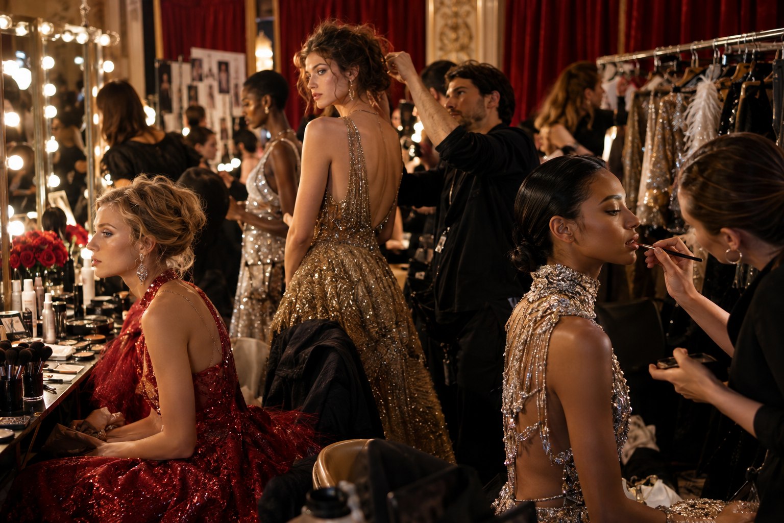 Backstage makeup and hair preparation for a Paris beauty runway in 2026