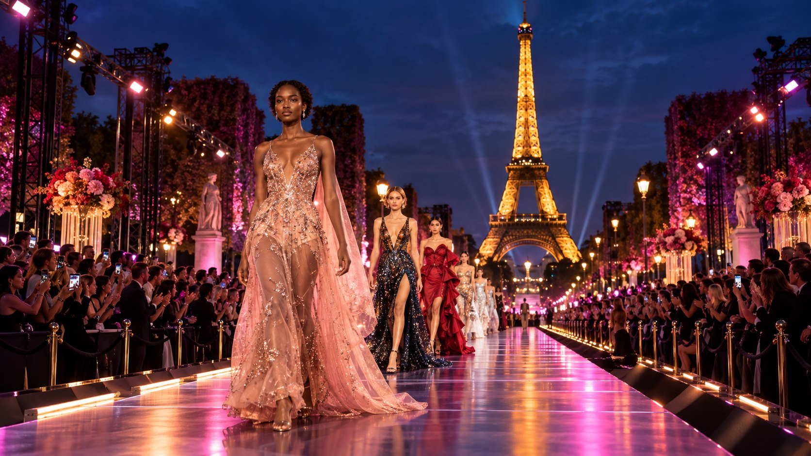 Open-air beauty runway at Place Joffre by the Eiffel Tower for L’Oréal Paris Fashion Show 2026