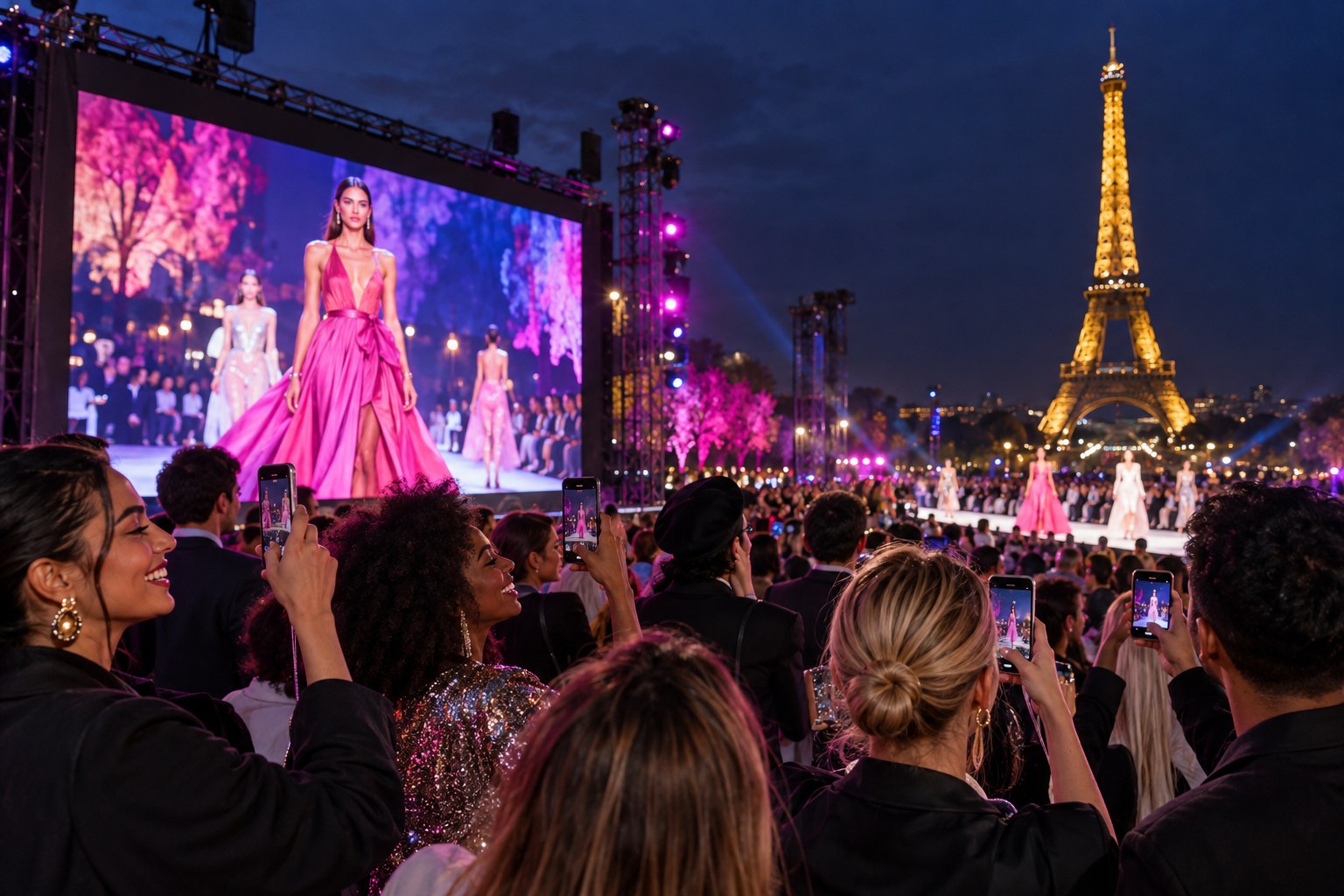 Public audience watching the L’Oréal Paris Fashion Show 2026 and official livestream near the Eiffel Tower