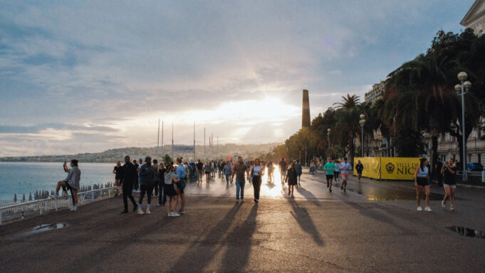 Nice, Cannes or Monaco on the French Riviera Promenade des Anglais in Nice at a Mediterranean sunset