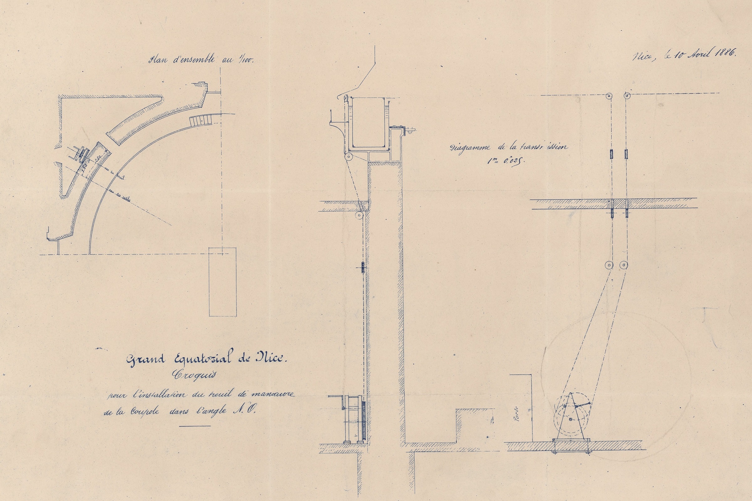 Le mécanisme d’entraînement de la coupole de l’Observatoire de Nice par Eiffel, 1886 — édition éditoriale restaurée Dessin technique de Gustave Eiffel, daté de 1886, pour le treuil de manœuvre de la coupole du grand équatorial de l’Observatoire de Nice.