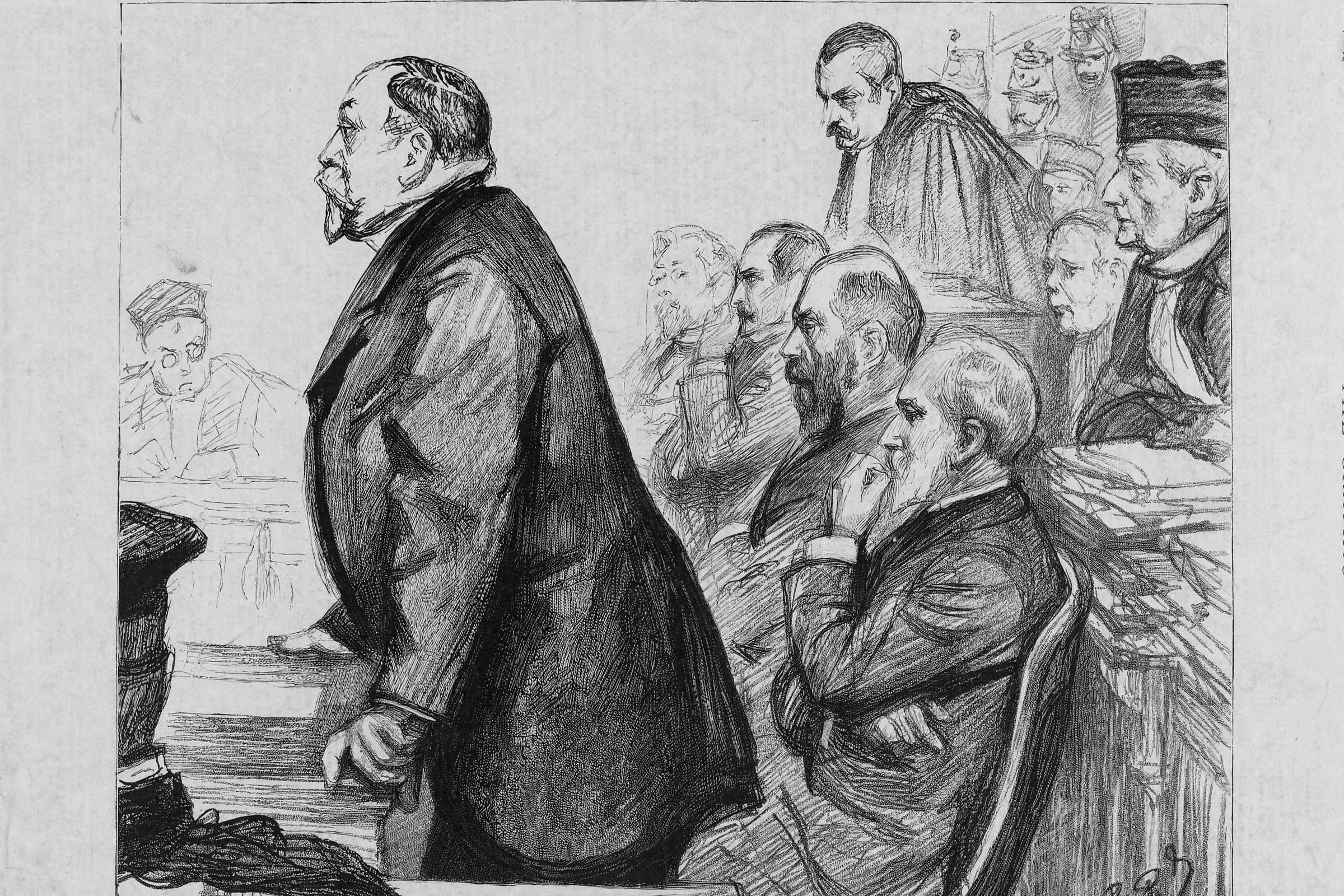 Le procès des administrateurs de la Compagnie du canal de Panama, 1893 — édition éditoriale restaurée Gravure sur bois représentant le procès des administrateurs de la Compagnie du canal de Panama au Palais de Justice de Paris en 1893.