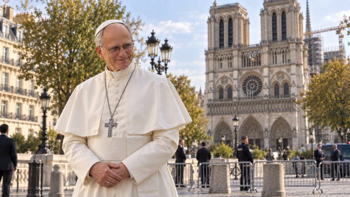 Pope Leo XIV near Notre-Dame Paris – French edition Photorealistic editorial composite of Pope Leo XIV near Notre-Dame in Paris