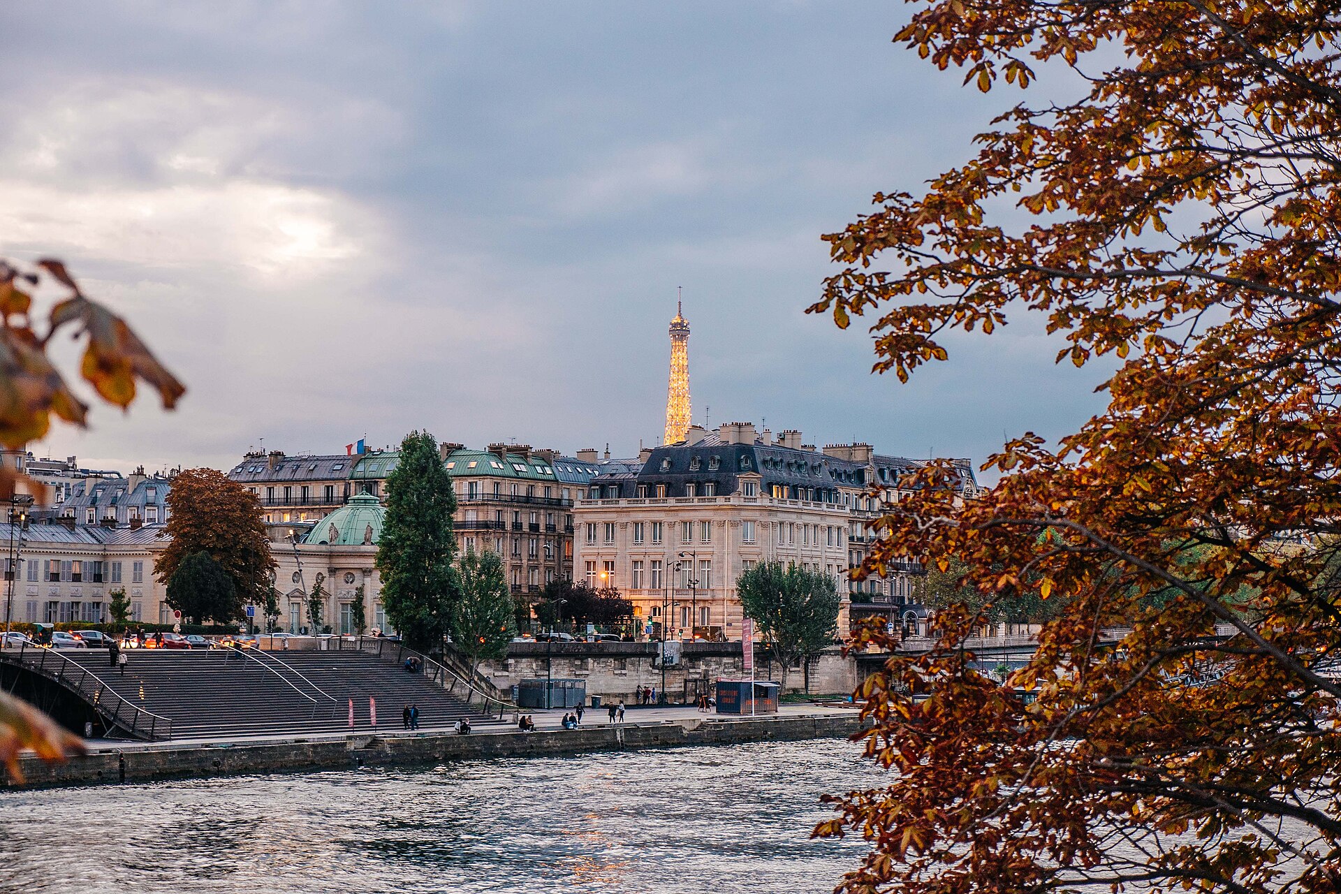 Real autumn view across the Seine toward the Eiffel Tower in Paris
