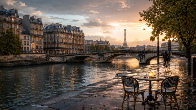 Paris, capitale de la magie, de la beauté et du romantisme — image française Paris cinématographique à l’aube, Seine, architecture haussmannienne et tour Eiffel après la pluie
