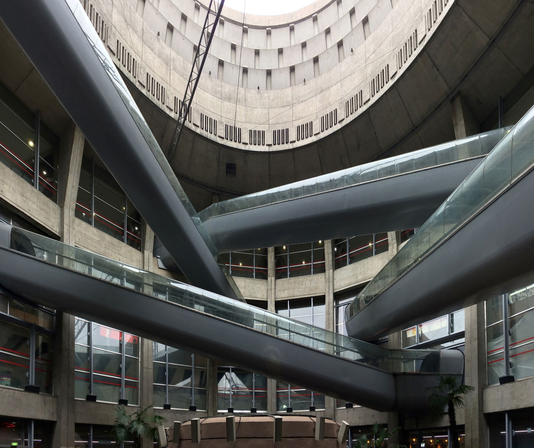 Iconic intersecting travelators inside Paris Charles de Gaulle Terminal 1