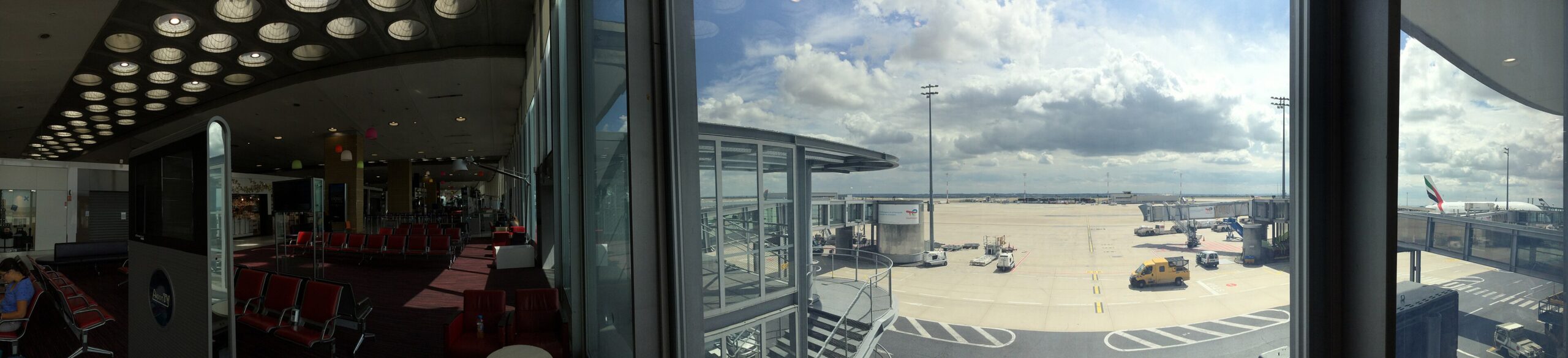 Wide interior panorama of Paris Charles de Gaulle Terminal 2A