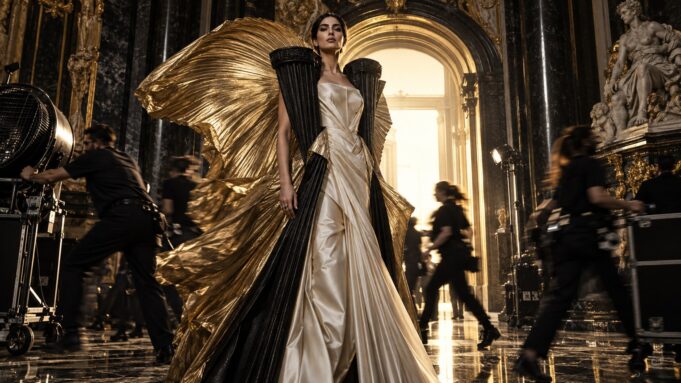 Paris Fashion Week 2026 black gold and ivory couture editorial — Arabic edition Middle Eastern model in architectural black, gold and ivory couture inside a Parisian hall