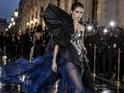 Paris Fashion Week 2026 Without an Invitation: Livestreams, Public Events and the Streets to Watch Avant-garde model in sculptural silver, black and cobalt fashion outside a Paris show