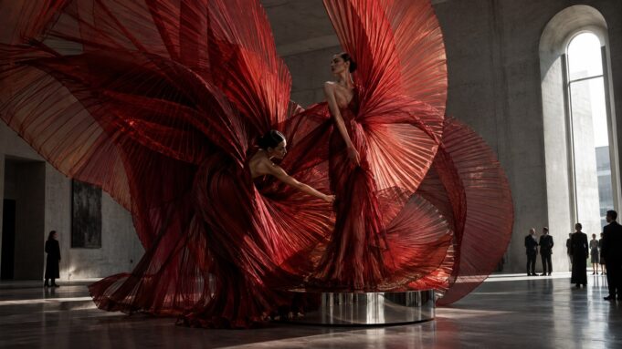 Paris Fashion Week 2026 monumental red couture editorial — French edition Two models surrounded by monumental red pleated couture in a Paris gallery