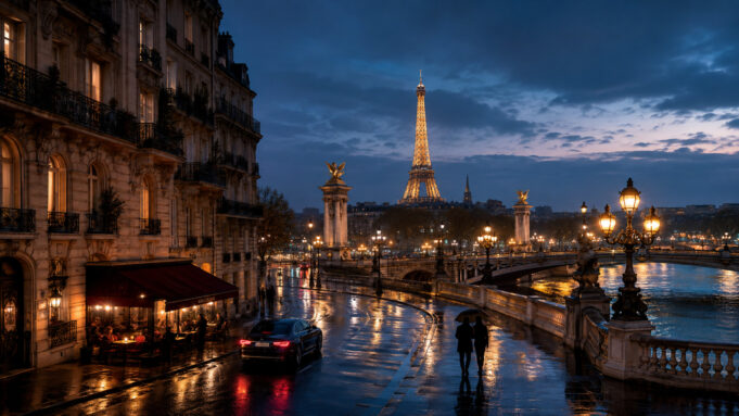 Paris, Capital of Magic, Beauty and Romance — English hero Cinematic Paris at blue hour with the Eiffel Tower, Seine, Haussmann architecture and café lights