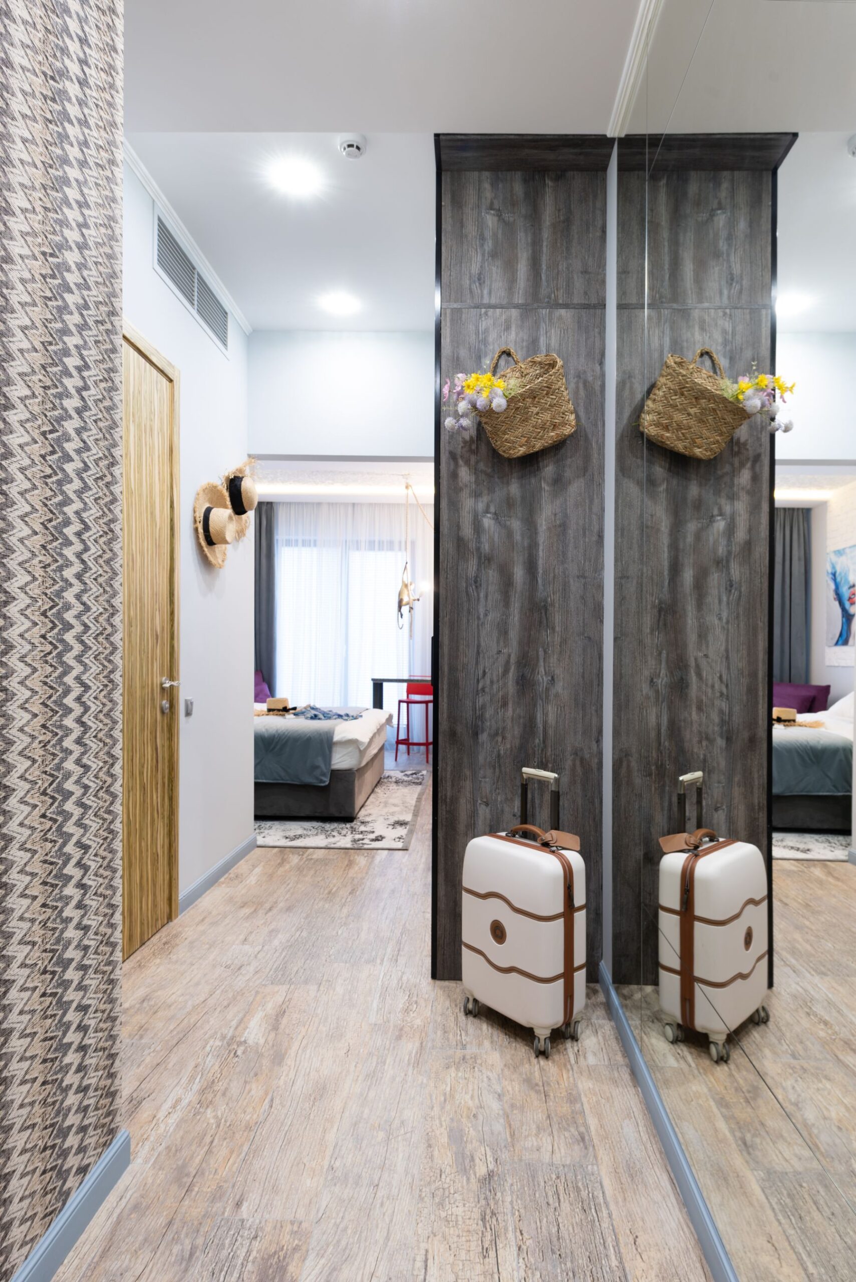 Travel luggage in an elegant hotel suite before checkout