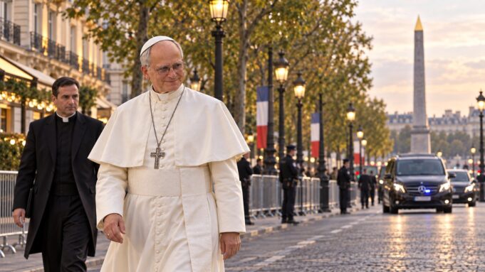 Pope Leo XIV on the Champs-Élysées – Arabic edition Photorealistic editorial composite of Pope Leo XIV on the Champs-Élysées in Paris