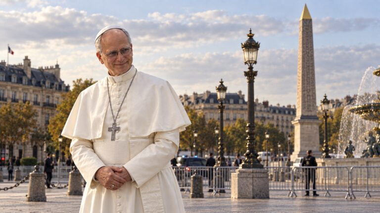 Photorealistic editorial composite of Pope Leo XIV at Place de la Concorde in Paris