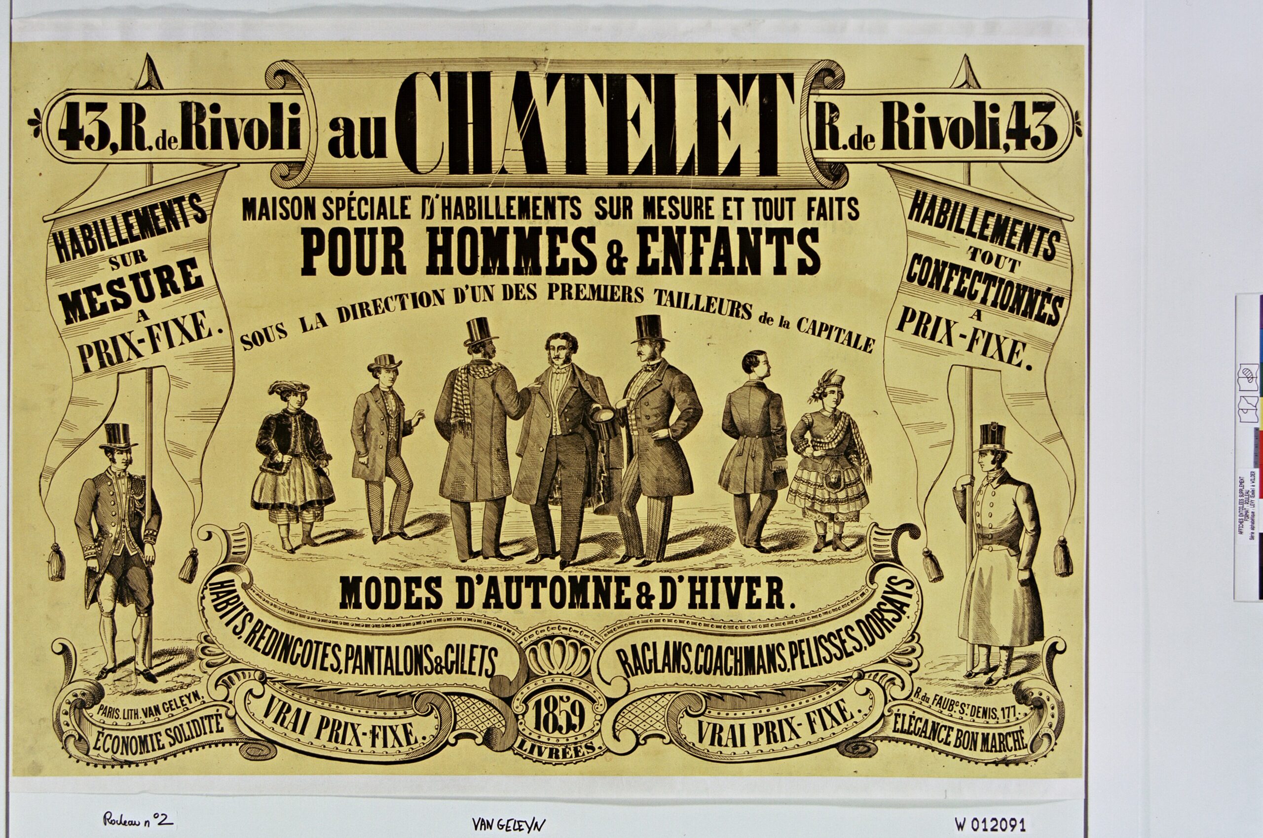 Historic 1859 French clothing advertisement for a tailor at 43 Rue de Rivoli
