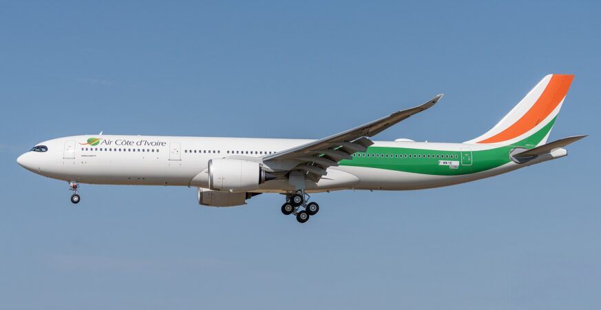 Air Côte d’Ivoire A330-941 in flight at Toulouse, August 2025