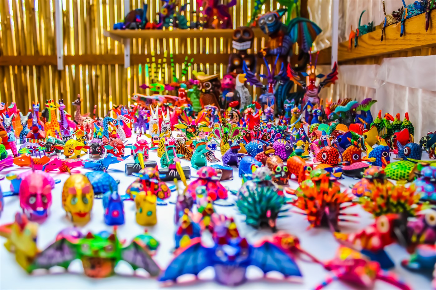 Wooden alebrijes displayed in San Martín Tilcajete; variety of scale and pattern reveals the breadth of the Oaxacan school.