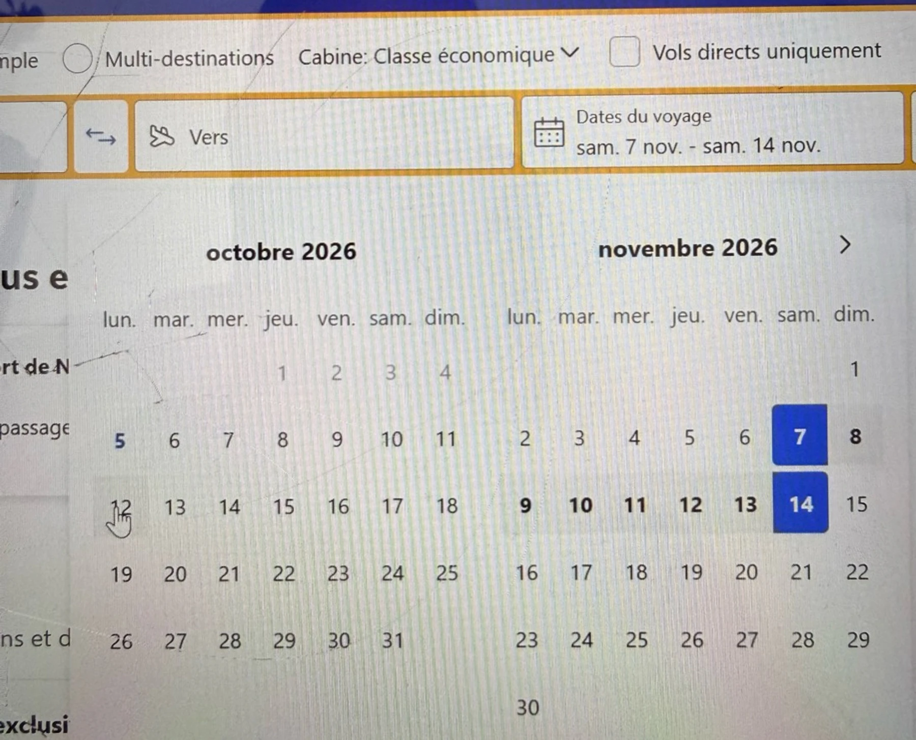 Booking.com calendar showing October and November while the travel field remains set to 7–14 November