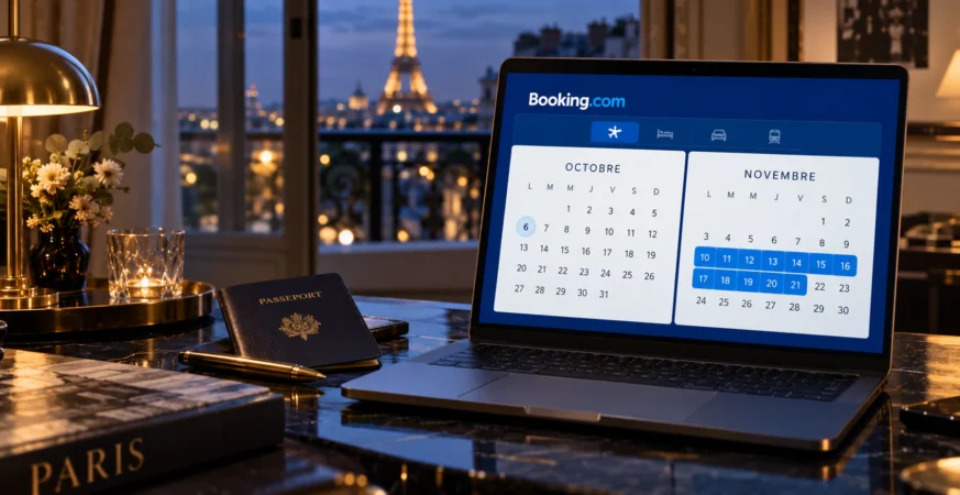 Luxury Paris travel desk with Booking.com flight calendar showing October and November