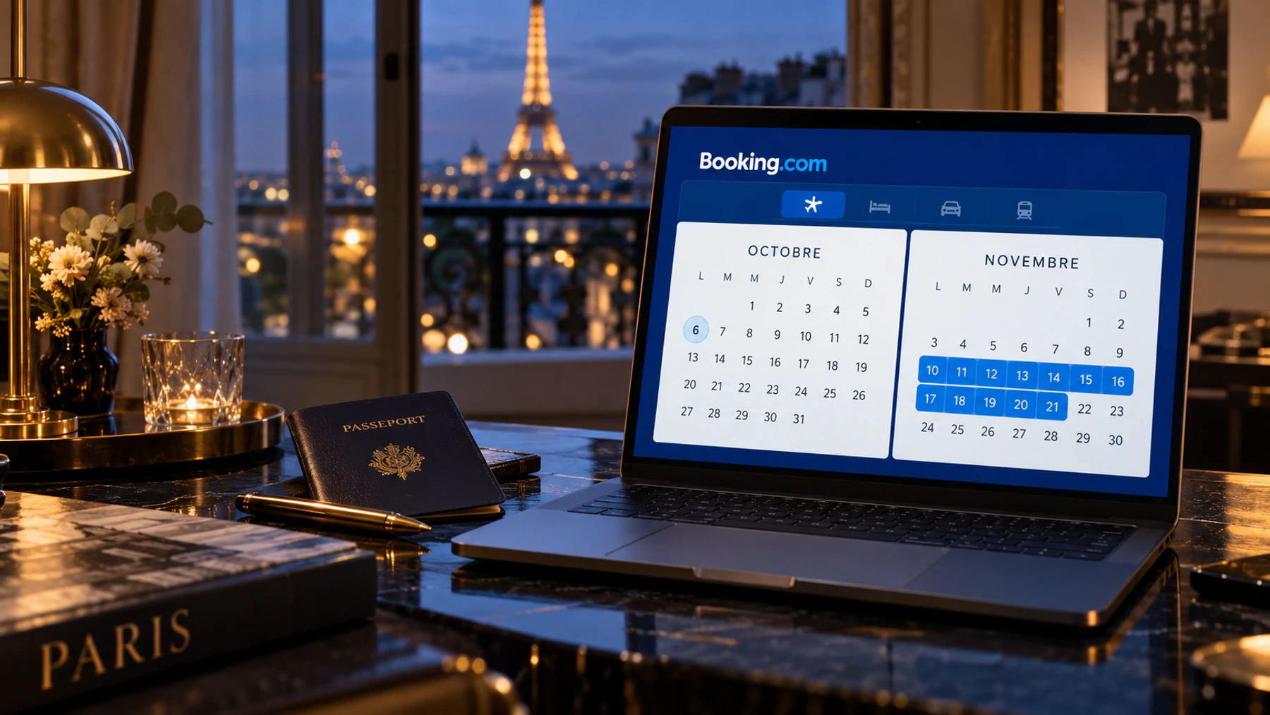 Luxury Paris travel desk with Booking.com flight calendar showing October and November