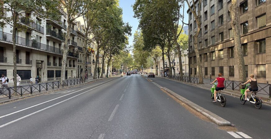 Boulevard Saint-Germain in Paris with its cycle lane trees and historic buildings