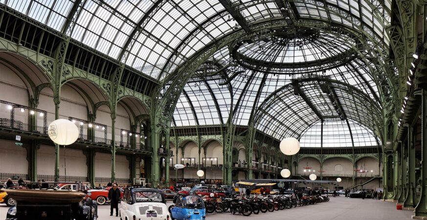 Glass roof and iron structure of the Grand Palais nave in an archive photograph