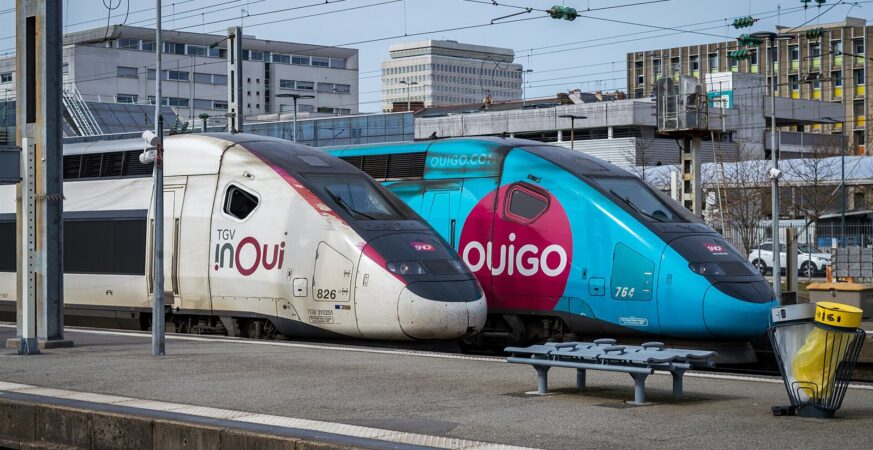 TGV INOUI and OUIGO high-speed trains side by side at Rennes station
