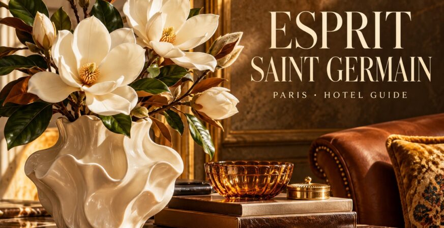 Esprit Saint Germain Paris hotel guide cover — luxury floral arrangement and hotel name