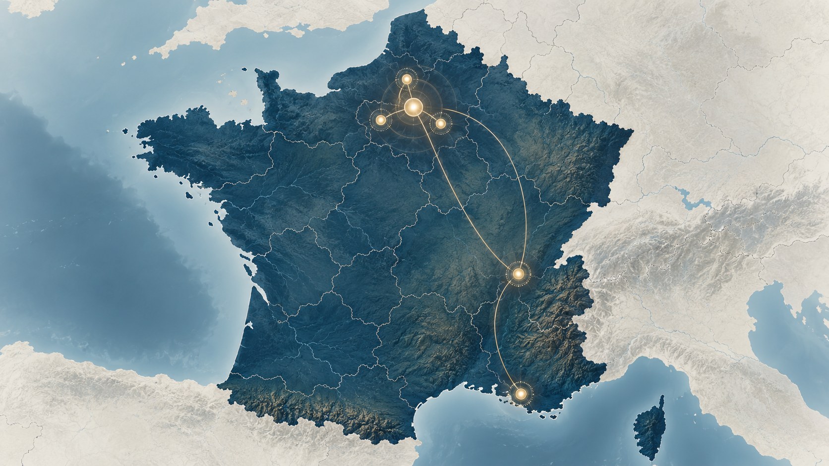 Map of France showing four leading cancer centres clustered around Greater Paris, with additional centres near Lyon and Marseille
