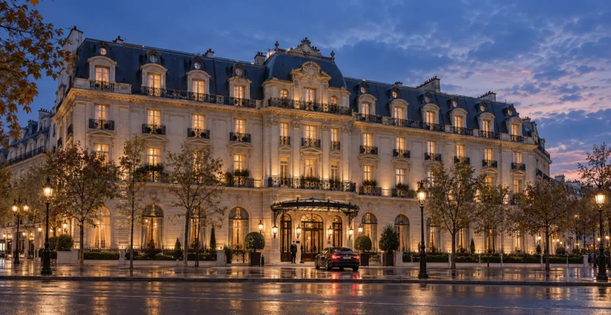 Full façade of a grand Parisian-style luxury hotel illuminated at blue hour