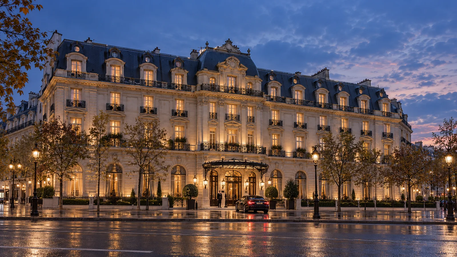 Façade entière d’un grand hôtel de style parisien éclairée à l’heure bleue