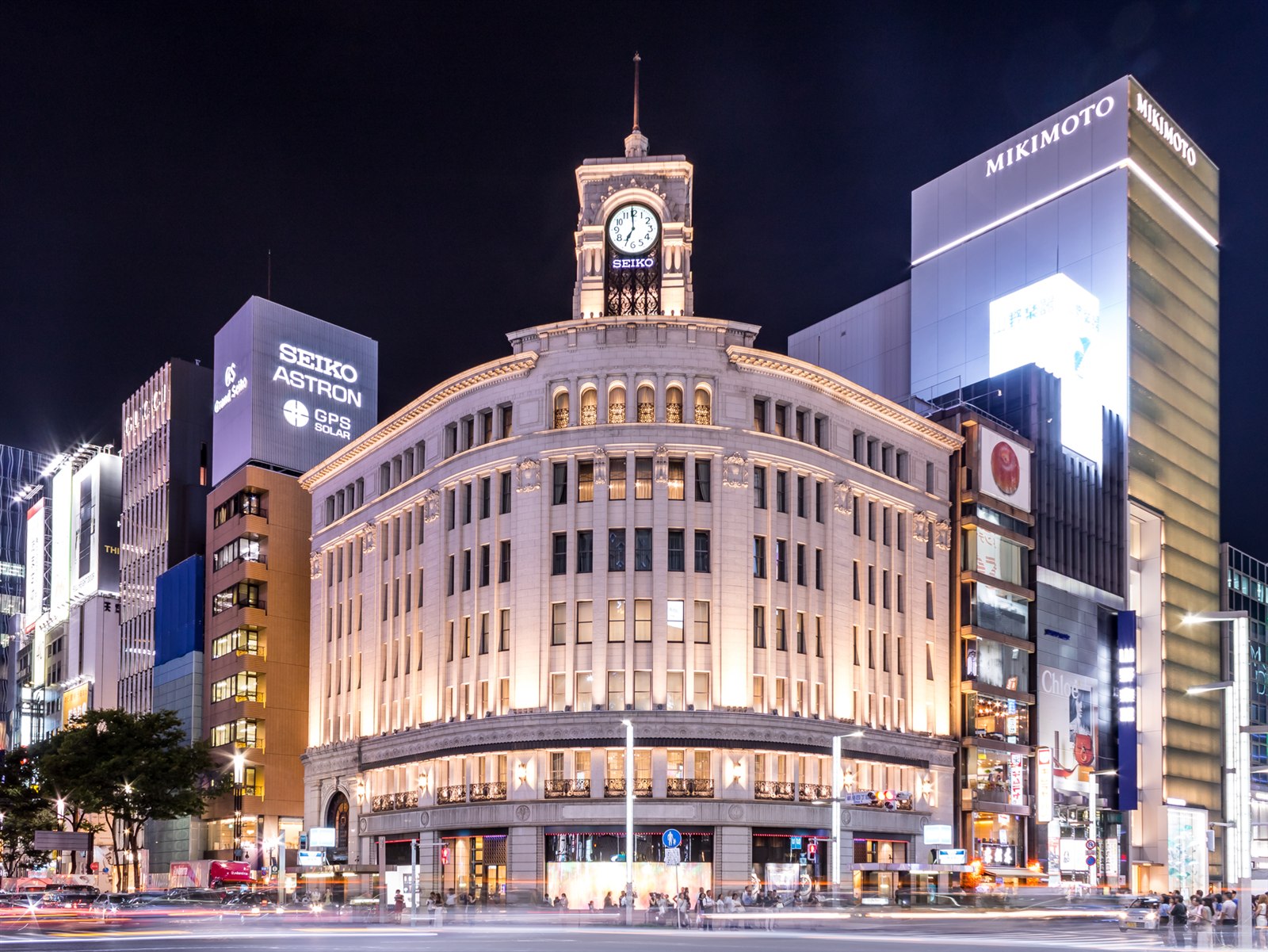 The illuminated Wako building in Tokyo’s Ginza shopping district at night