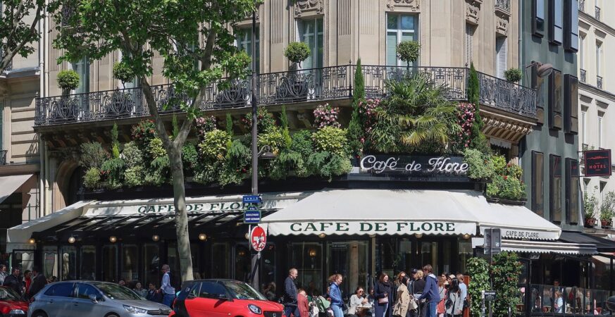 Café de Flore façade and terrace in the Saint-Germain district of Paris