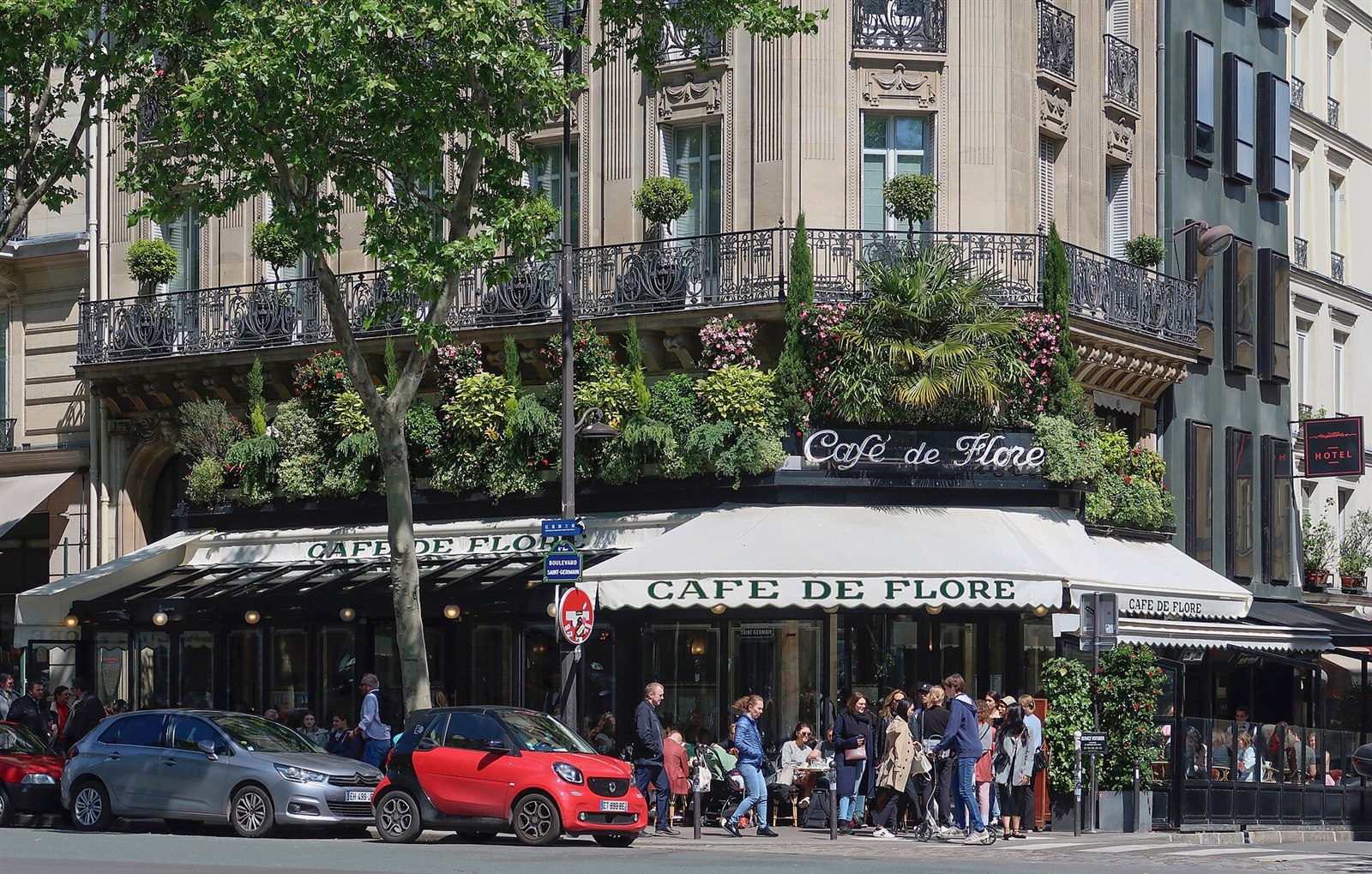 Café de Flore façade and terrace in the Saint-Germain district of Paris