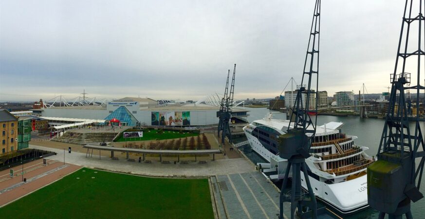 Excel London exhibition venue beside the water in the Royal Docks