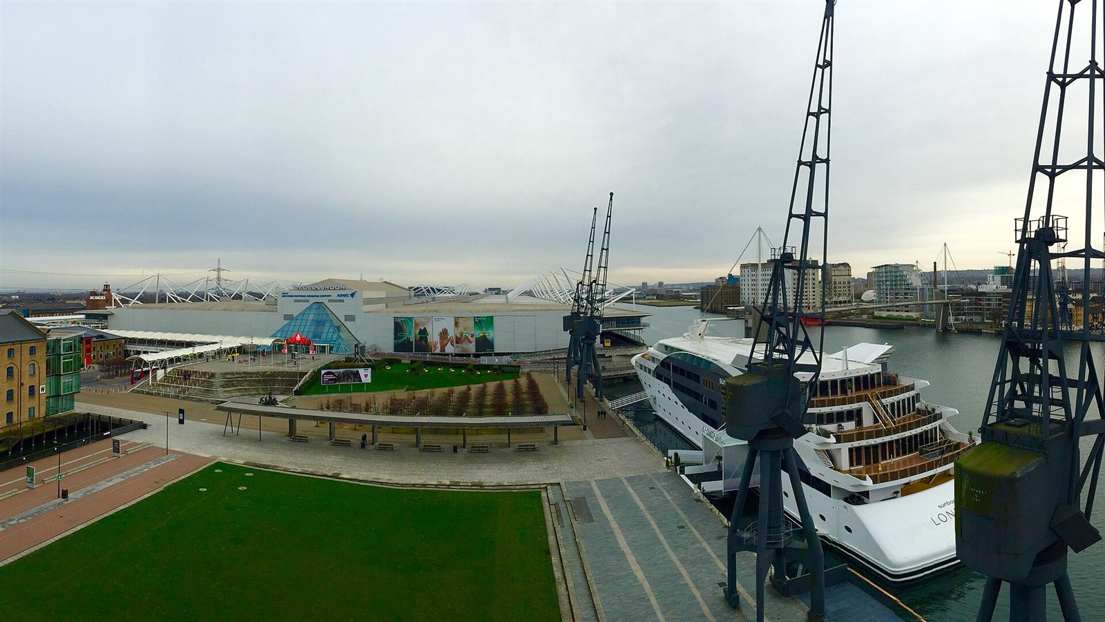 Excel London exhibition venue beside the water in the Royal Docks